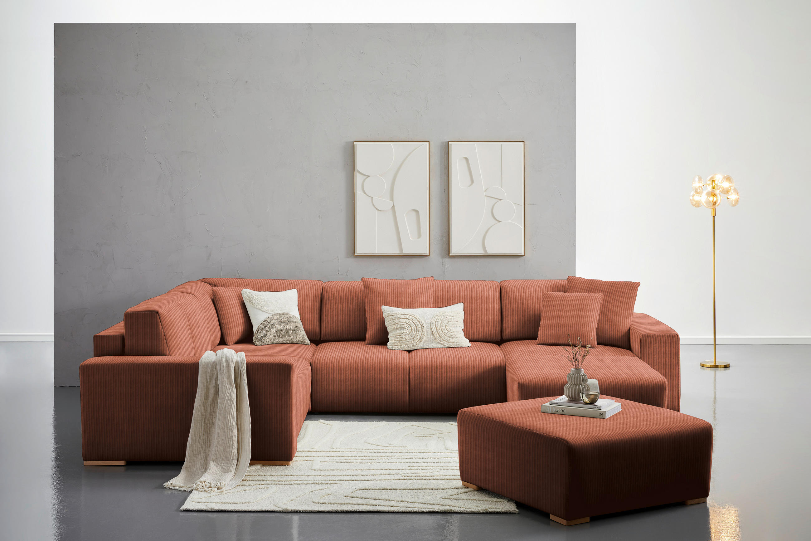 WOHNLANDSCHAFT Kupferfarben Cord - Buchefarben/Schwarz, KONVENTIONELL, Holz/Kunststoff (283/371/208cm) - Livetastic