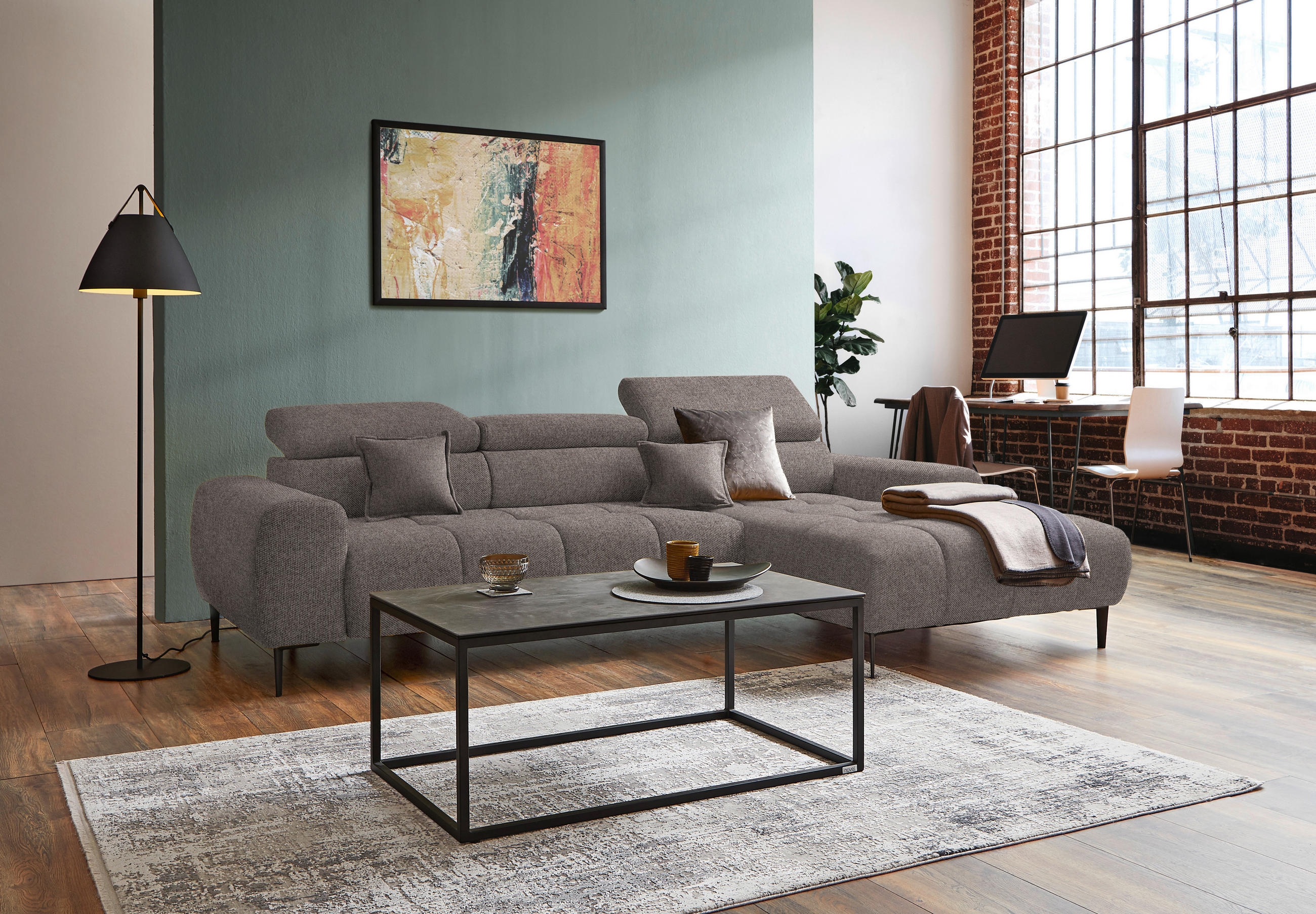 ECKSOFA in Webstoff Greige  - Greige/Schwarz, Design, Textil/Metall (270/177cm) - Welnova