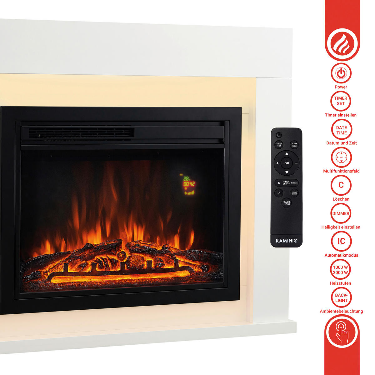 ELEKTROKAMIN - Weiß, Basics, Glas/Holzwerkstoff (95,0/77,0/26,0cm)