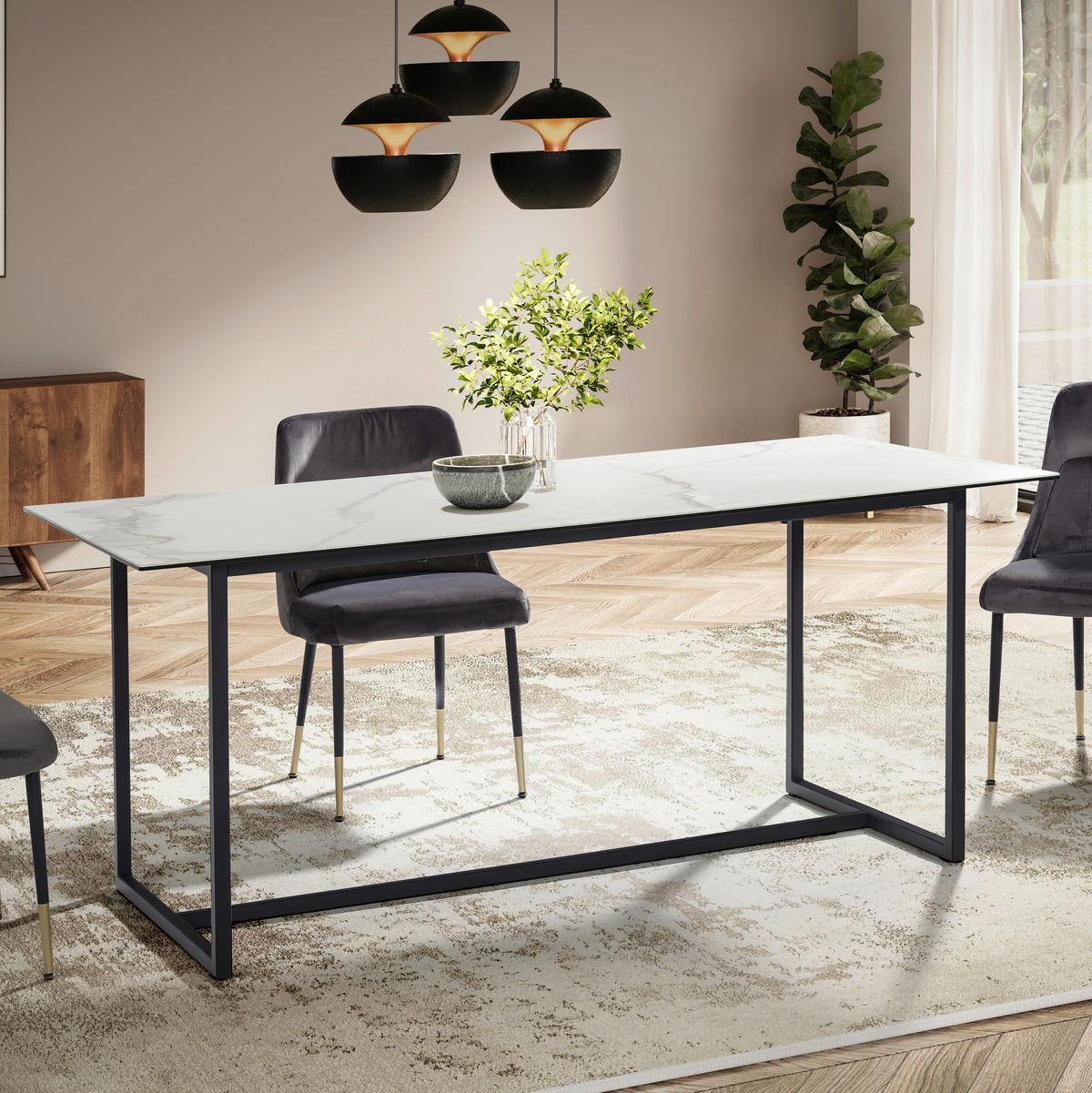 ESSTISCH in Keramik 180/90/76 cm  - Schwarz/Weiß, Design, Keramik/Metall (180/90/76cm) - MID.YOU