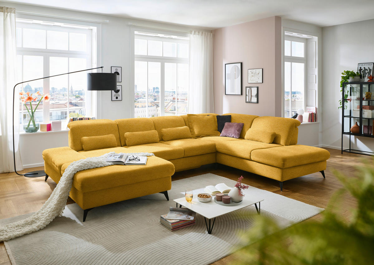 WOHNLANDSCHAFT  in Chenille Currygelb  - Currygelb/Schwarz, Design, Textil/Metall (198/364/255cm) - Beldomo Style