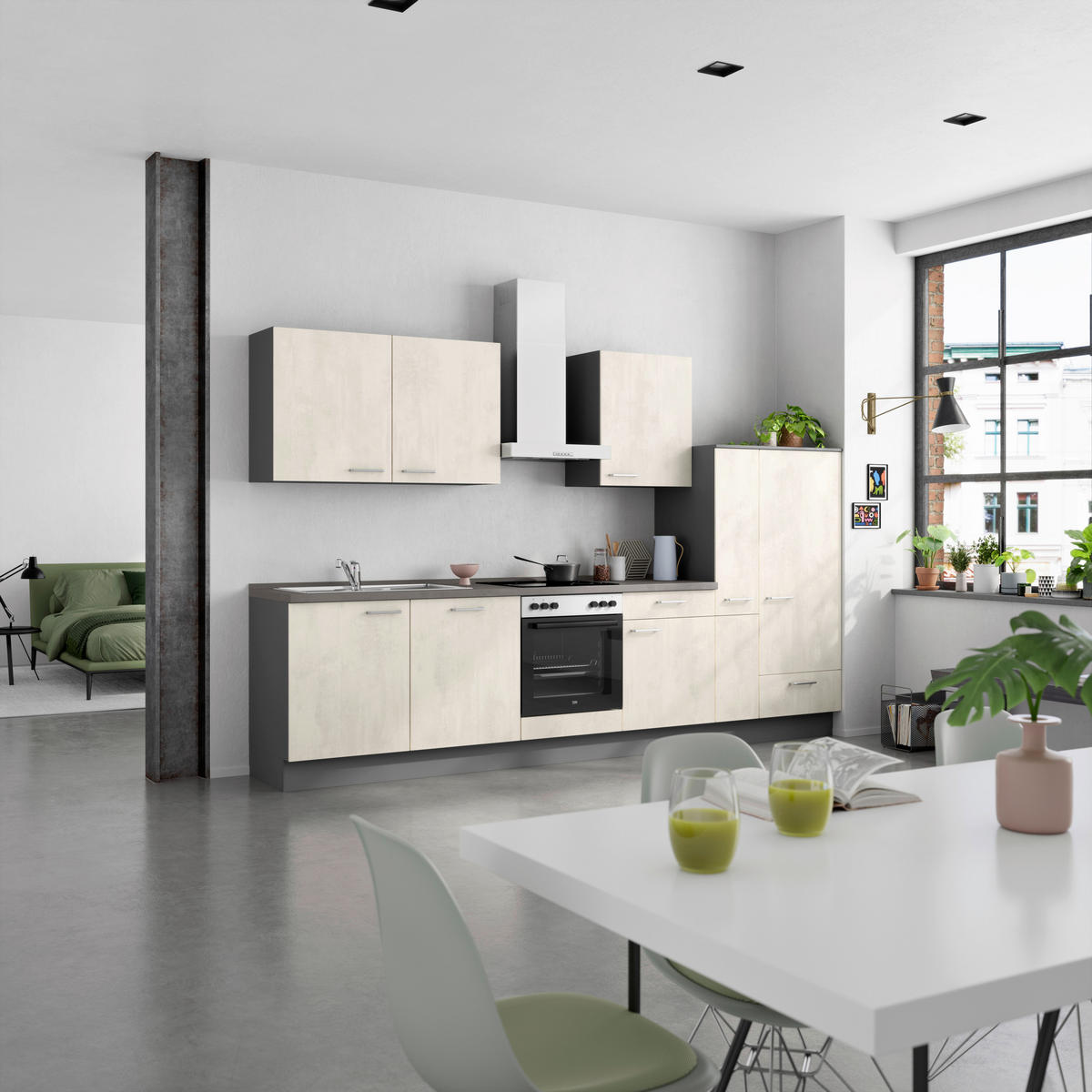 BUCĂTĂRIE FĂRĂ ELECTROCASNICE  - ardeziu/alb, Modern, metal/material pe bază de lemn (330cm) - Nobilia