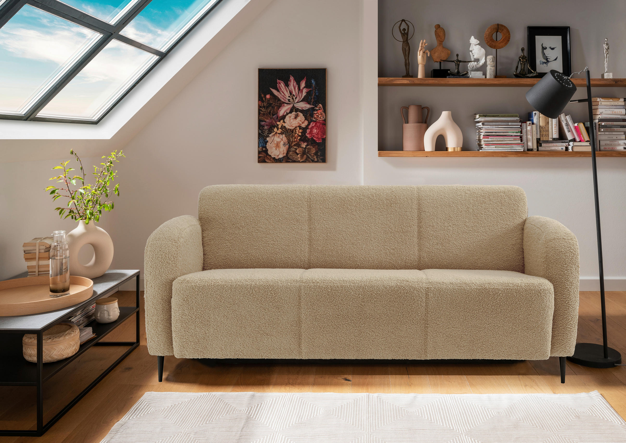 3-SITZER-SOFA in Teddystoff Creme  - Creme/Schwarz, MODERN, Textil/Metall (180/76/90cm) - Livetastic