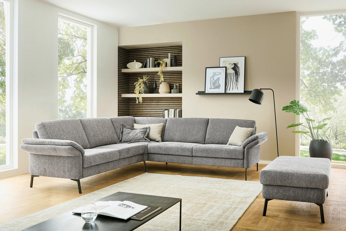 ECKSOFA Platinfarben Flachgewebe  - Platinfarben/Schwarz, KONVENTIONELL, Textil/Metall (253/273cm) - Pure Home Comfort