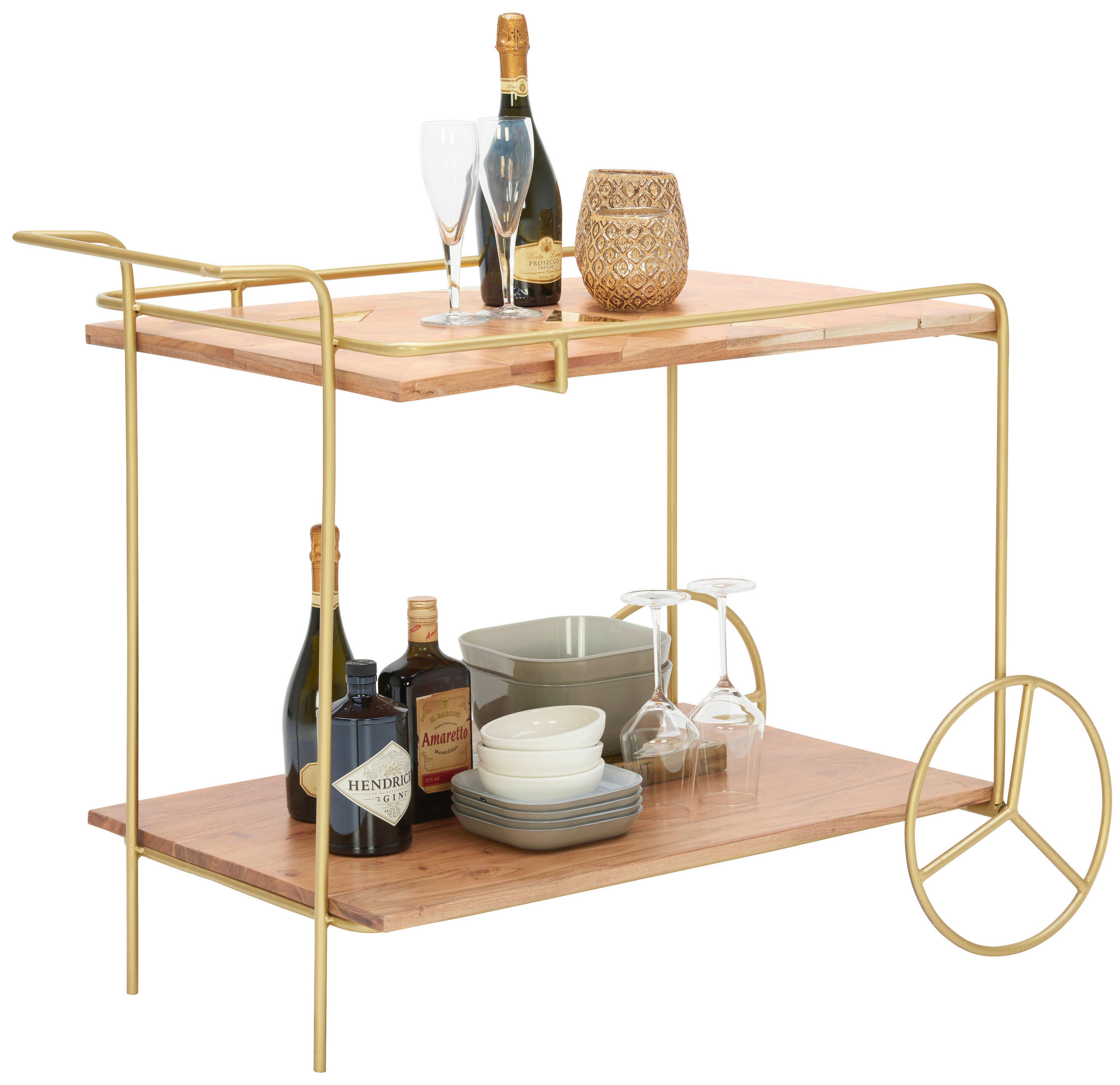 TÁLALÓKOCSI tömör akáciaszínű, aranyszínű  - akáciaszínű/sárgarézszínű, Lifestyle, fém/fa (90/80/50cm) - Lomoco