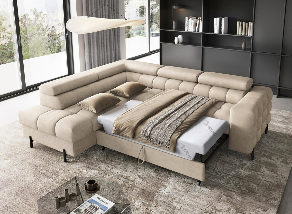 ECKSOFA FERUCCE in Chenille Beige  200/276 cm  - Beige/Schwarz, Design, Textil/Metall (200/276cm) - MID.YOU