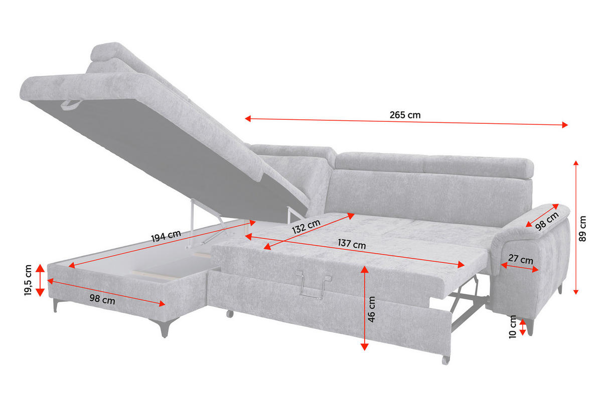 ECKSOFA Elfenbein Chenille Bettkasten, Schlaffunktion, Rücken echt, Kopfteilverstellung, Liegefläche im Originalstoff  - Elfenbein/Schwarz, KONVENTIONELL, Textil/Metall (206/265cm) - Carryhome
