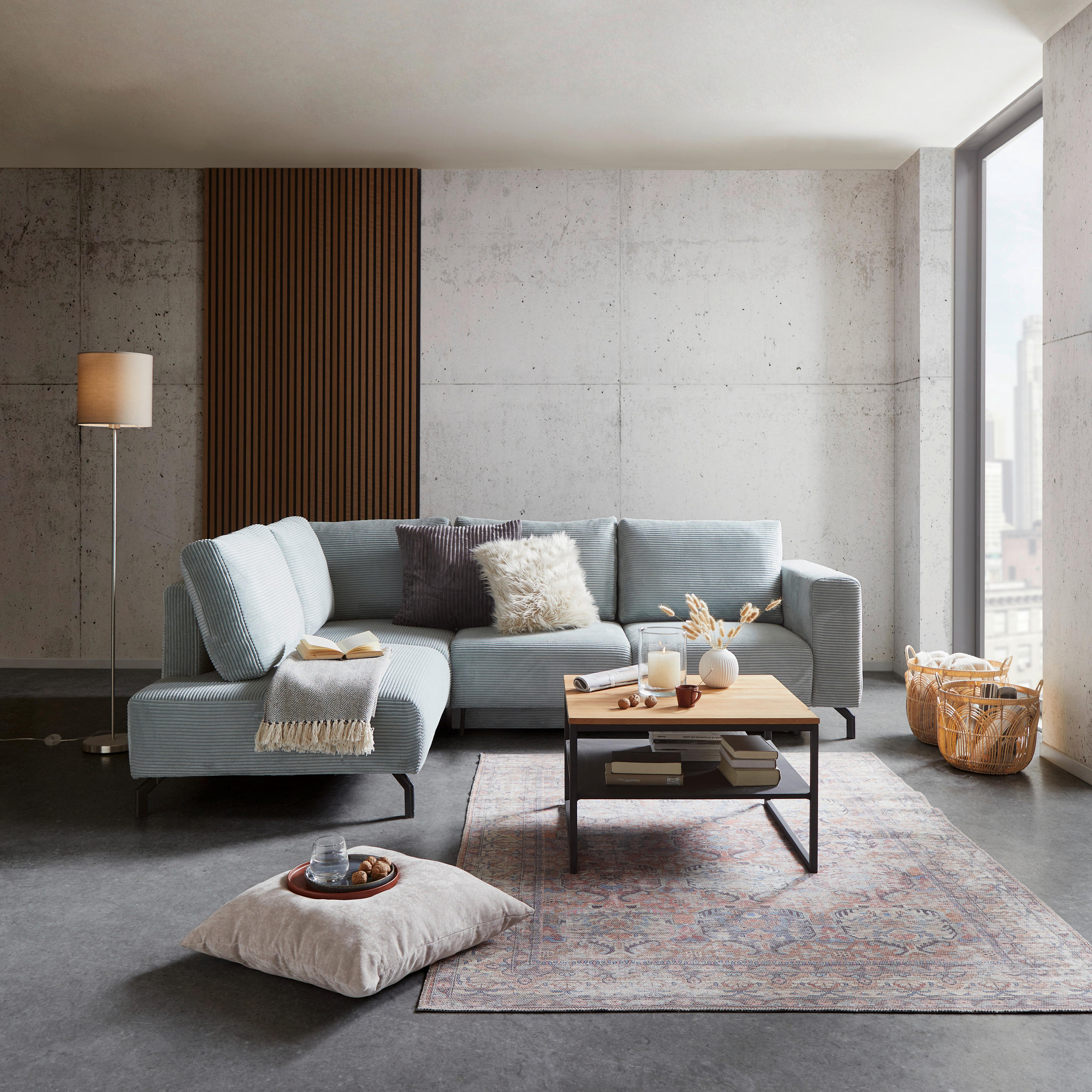ECKSOFA Graugrün Cord  - Schwarz/Graugrün, MODERN, Textil/Metall (210/272cm) - P & B