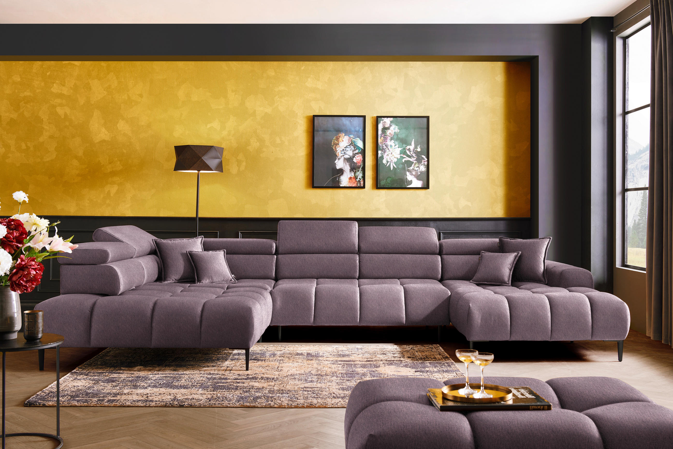 WOHNLANDSCHAFT in Samt, Webstoff Flieder  - Flieder/Schwarz, Design, Textil/Metall (216/385/177cm) - Welnova