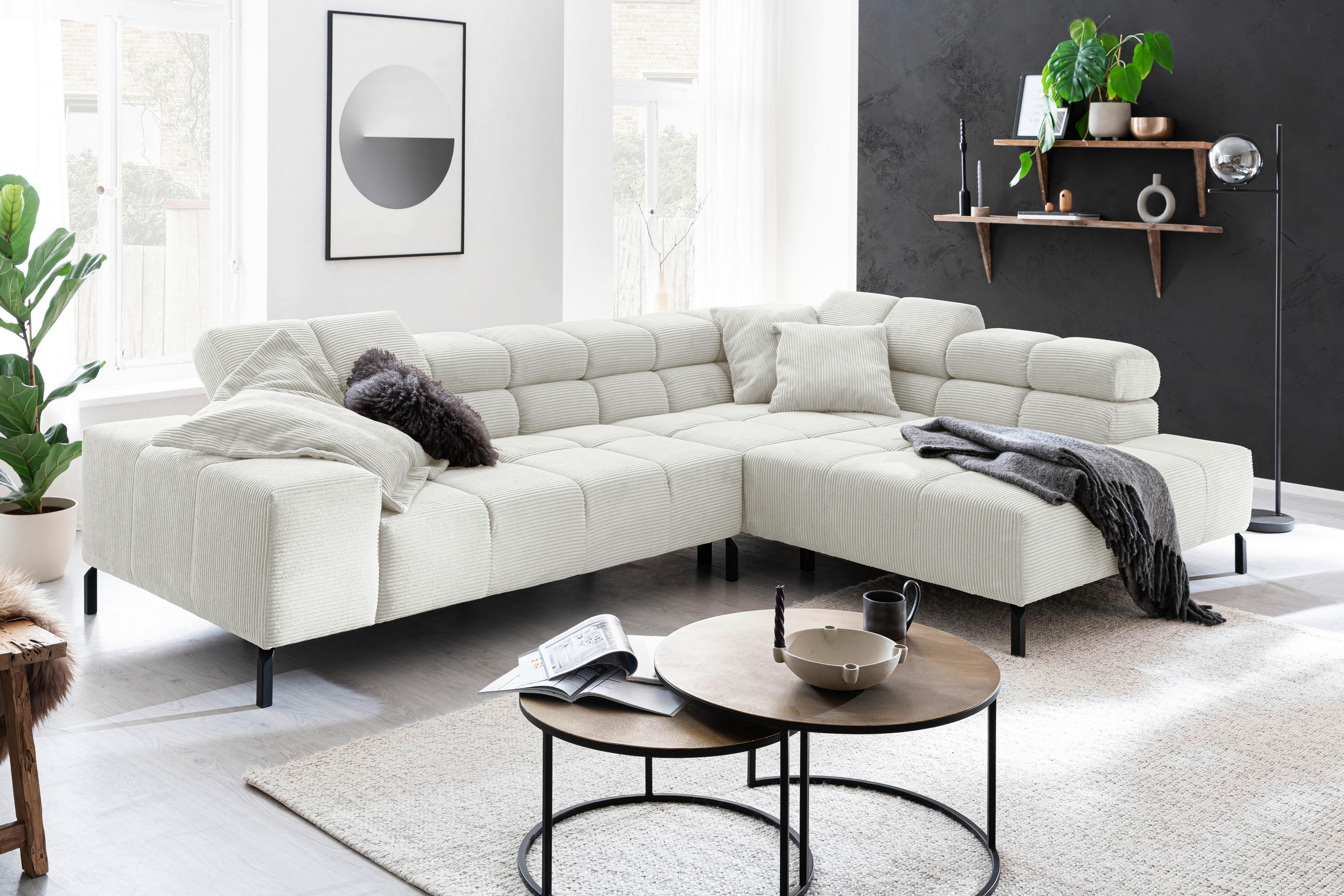 ECKSOFA in Cord Weiss - Weiss/Schwarz, Design, Textil/Metall (321/216cm) - Hom`in