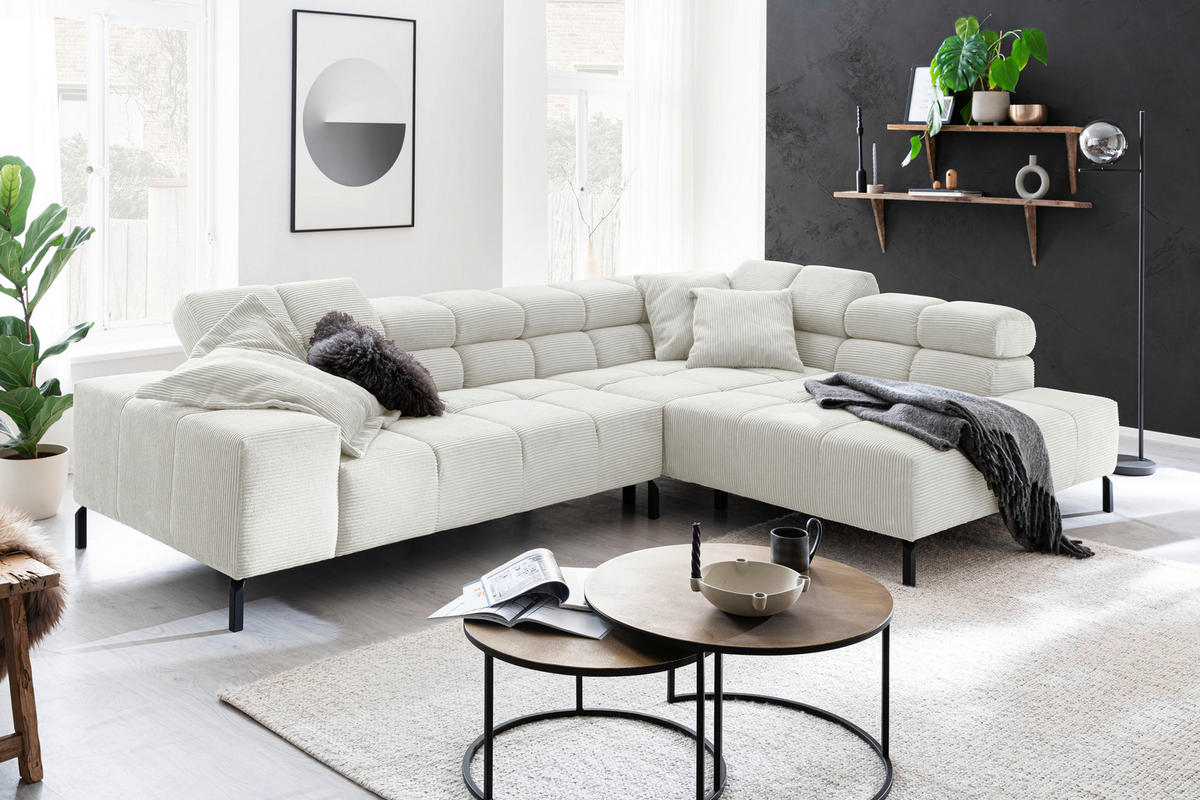 ECKSOFA in Cord Weiss  - Weiss/Schwarz, Design, Textil/Metall (321/216cm) - Hom`in