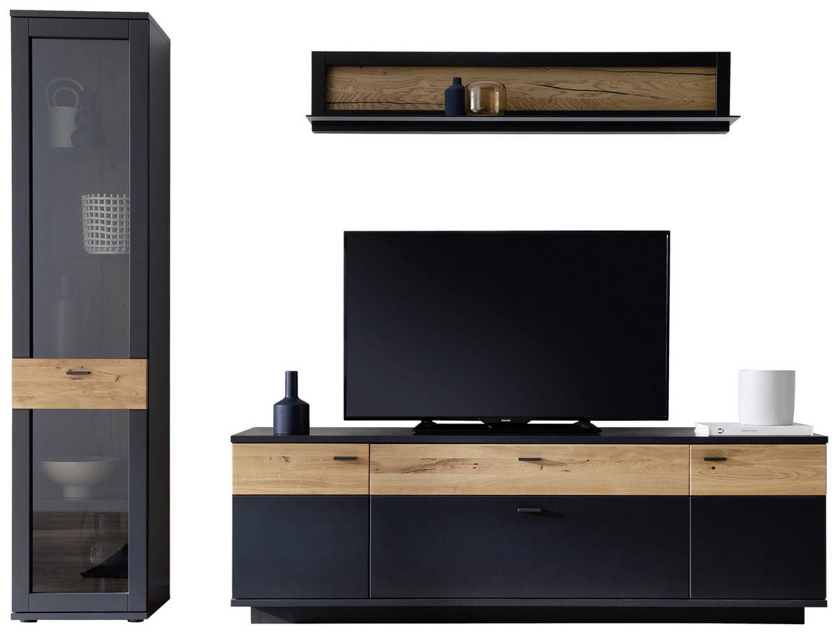 Set Mobilă Living, gri, stejar sălbatic, 250/201/50 cm - stejar sălbatic/negru, Design, sticlă/metal (250/201/50cm) - Novel