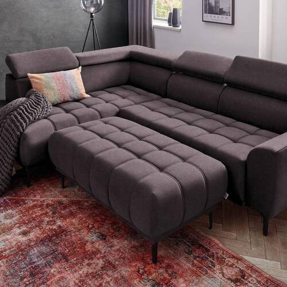 ECKSOFA in Velours Dunkelbraun  - Dunkelbraun/Schwarz, Design, Textil/Metall (191/261cm) - Stylife