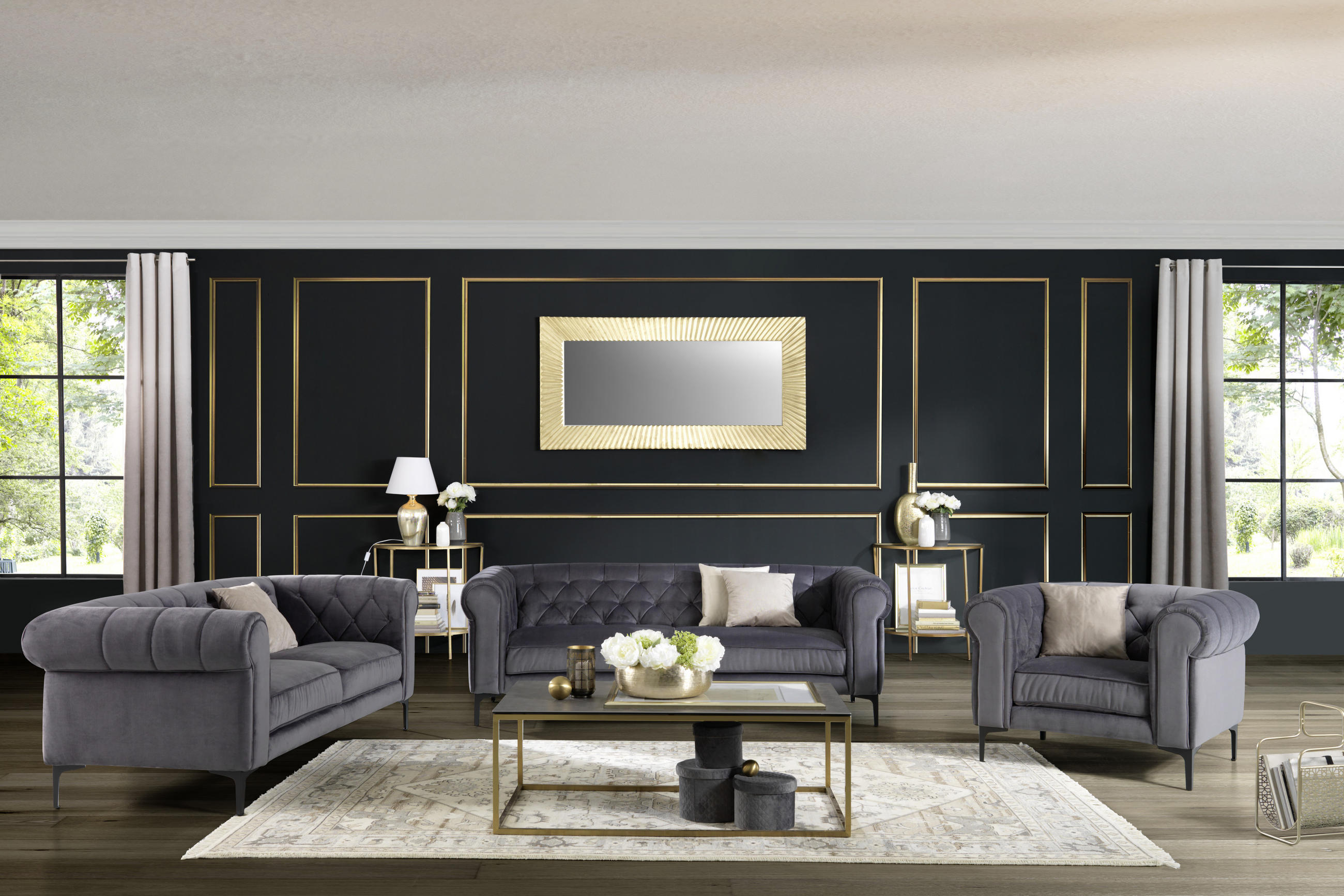 CHESTERFIELD-SOFA Samt Anthrazit - Anthrazit/Schwarz, Trend, Textil/Metall (220/75/90cm) - Carryhome