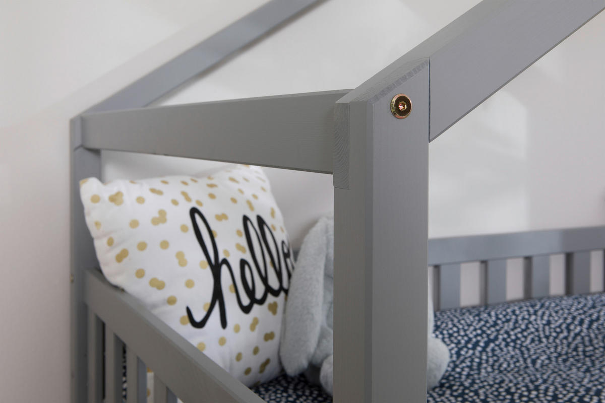 HAUSBETT 120/200 cm,  in Hellgrau, Absturzsicherung, Rollrost  - Hellgrau/Naturfarben, MODERN, Holz (120/200cm) - MID.YOU