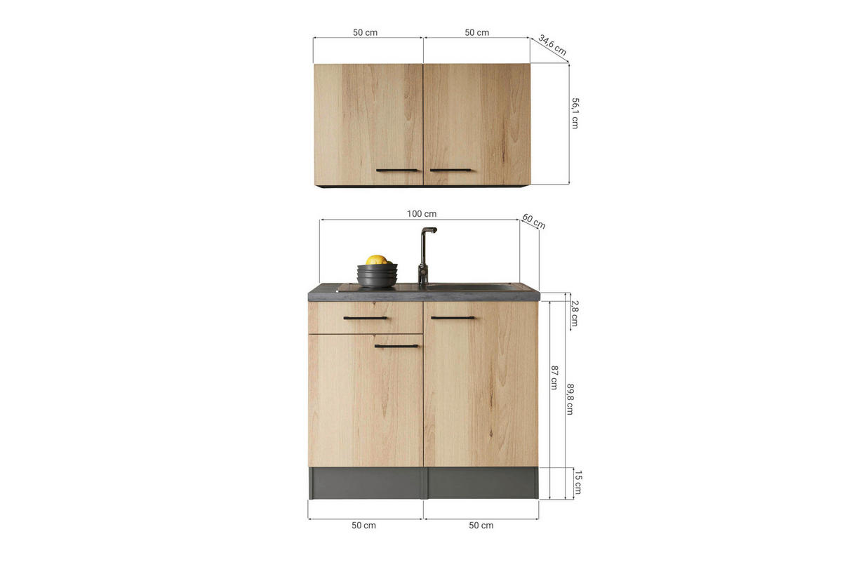 MINIKÖK 100 cm   i grå, ek Artisan  - svart/grå, Trend, metall/trämaterial (100cm) - Respekta