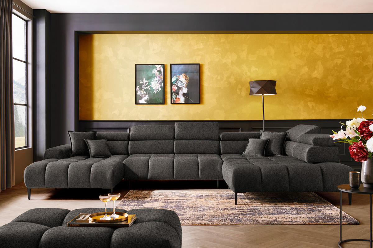 WOHNLANDSCHAFT in Webstoff Graubraun  - Graubraun/Schwarz, Design, Textil/Metall (177/385/216cm) - Welnova