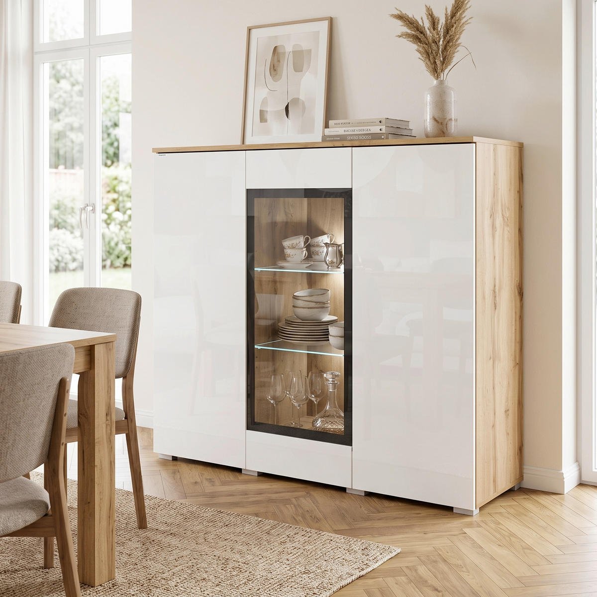 HIGHBOARD Vera 120/103,3/39,5 cm  - Weiß Hochglanz/Eiche Wotan, Trend, Glas/Holzwerkstoff (120/103,3/39,5cm) - P & B