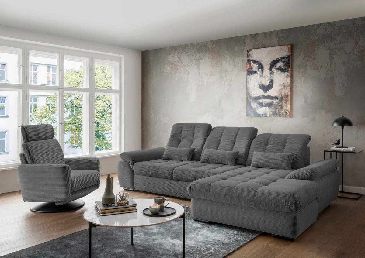 ECKSOFA Grau Cord  - Schwarz/Grau, MODERN, Textil/Metall (314/184cm) - Livetastic