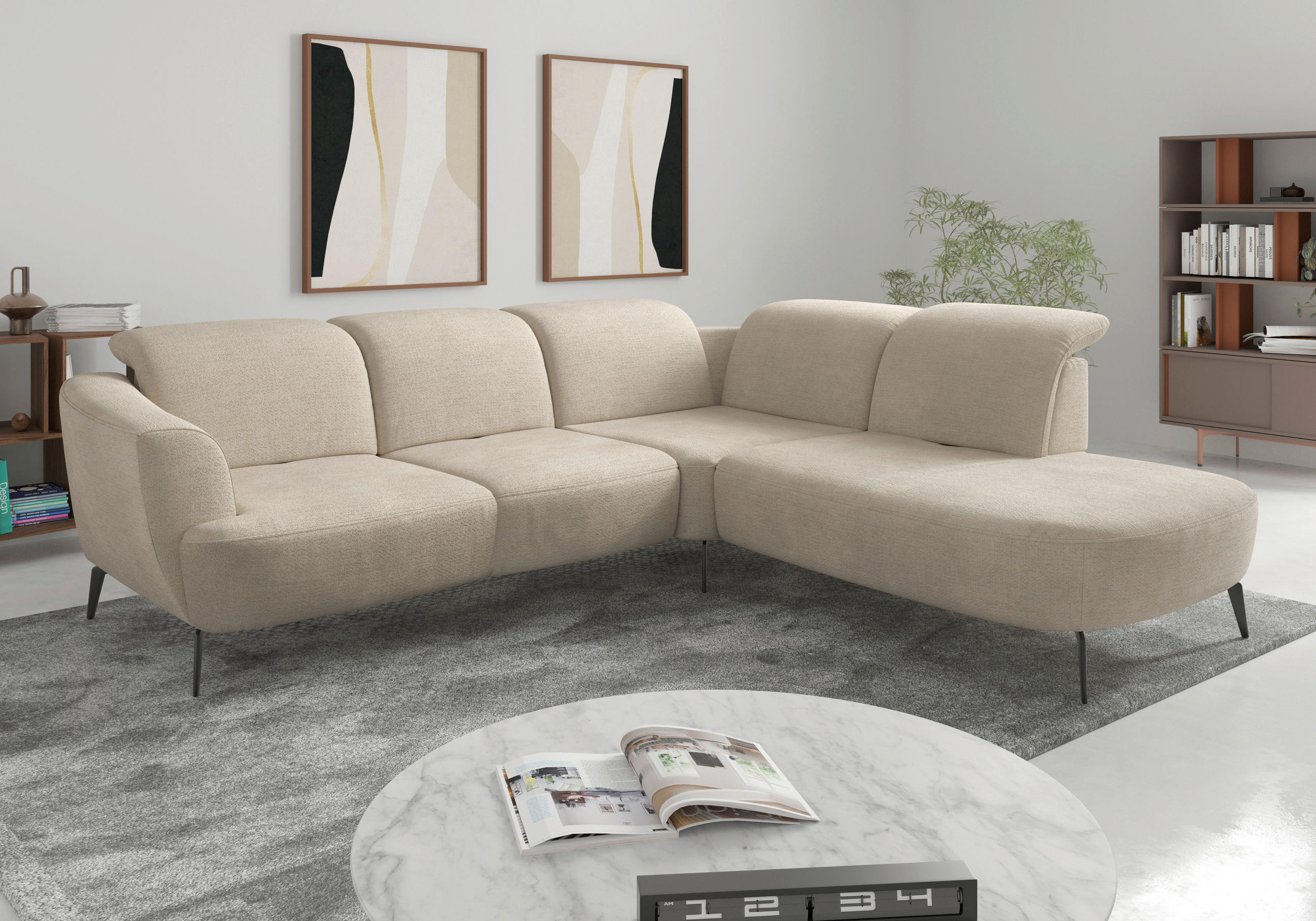 ECKSOFA in Chenille Sandfarben  300/267 cm  - Sandfarben/Schwarz, KONVENTIONELL, Textil/Metall (300/267cm) - Sit & More