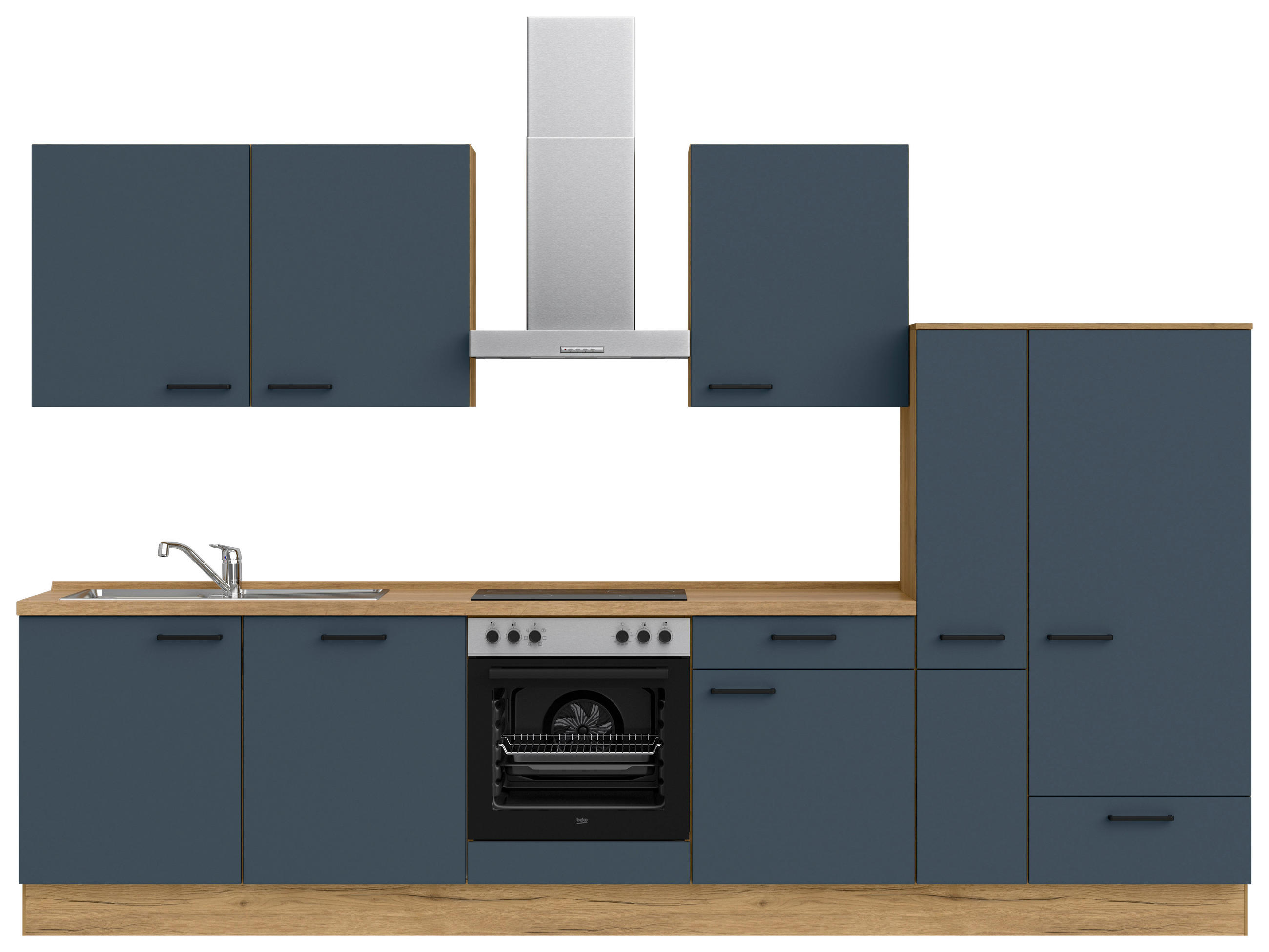 KÜCHENLEERBLOCK 330 cm   in Blau, Eichefarben  - Blau/Eichefarben, MODERN, Holzwerkstoff/Metall (330cm) - Nobilia