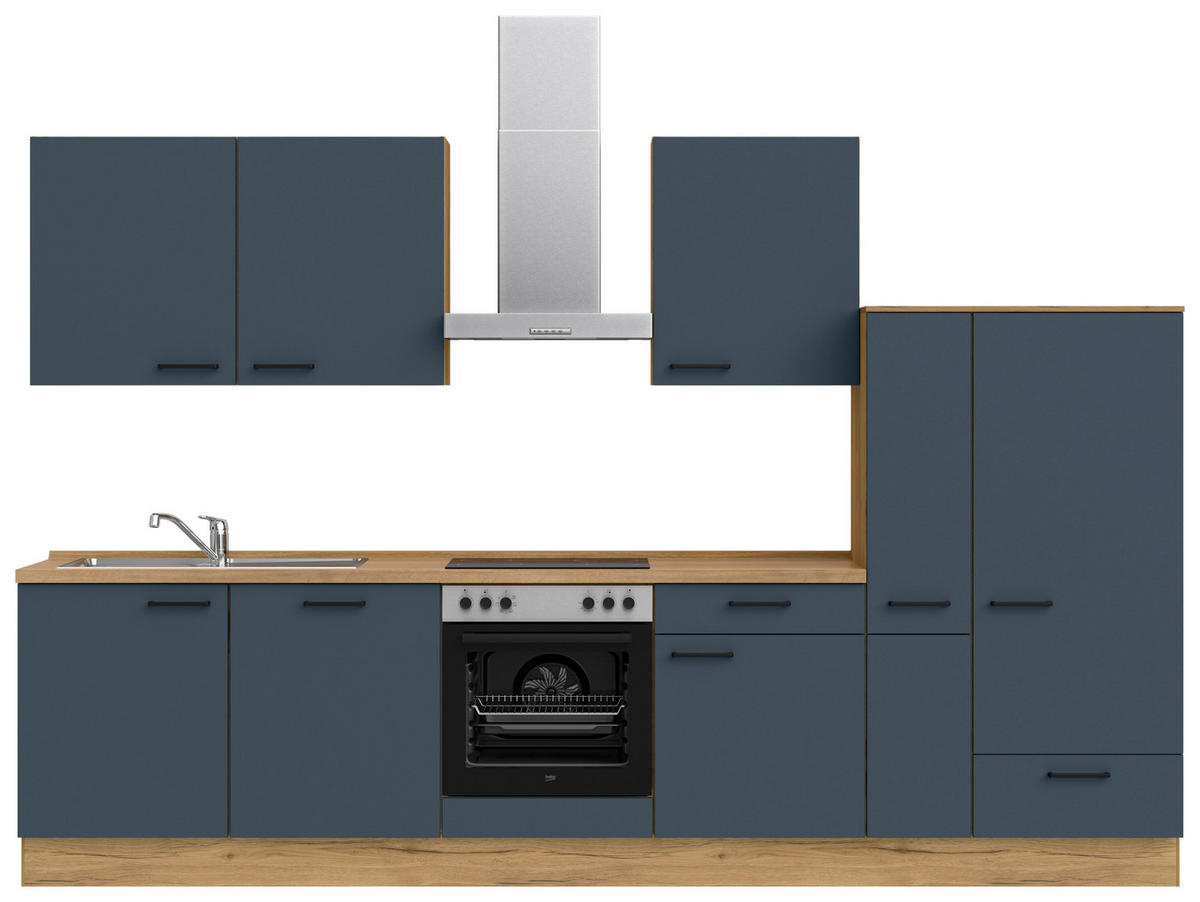 KÜCHENLEERBLOCK 330 cm   in Blau, Eichefarben  - Blau/Eichefarben, MODERN, Holzwerkstoff/Metall (330cm) - Nobilia