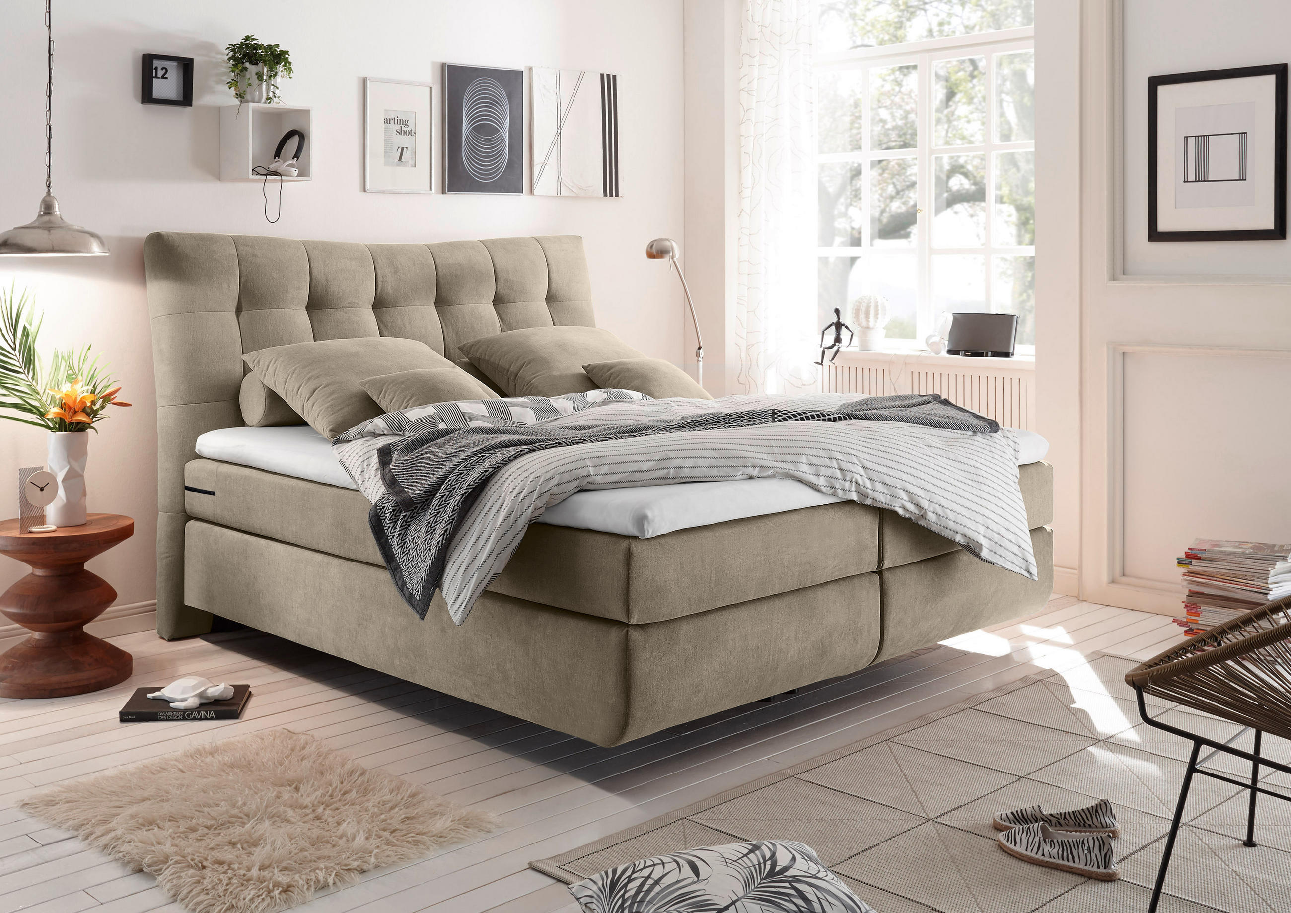 BOXSPRINGBETT 180/200 cm  in Sandfarben  - Sandfarben/Schwarz, Design, Kunststoff/Textil (180/200cm) - Esposa