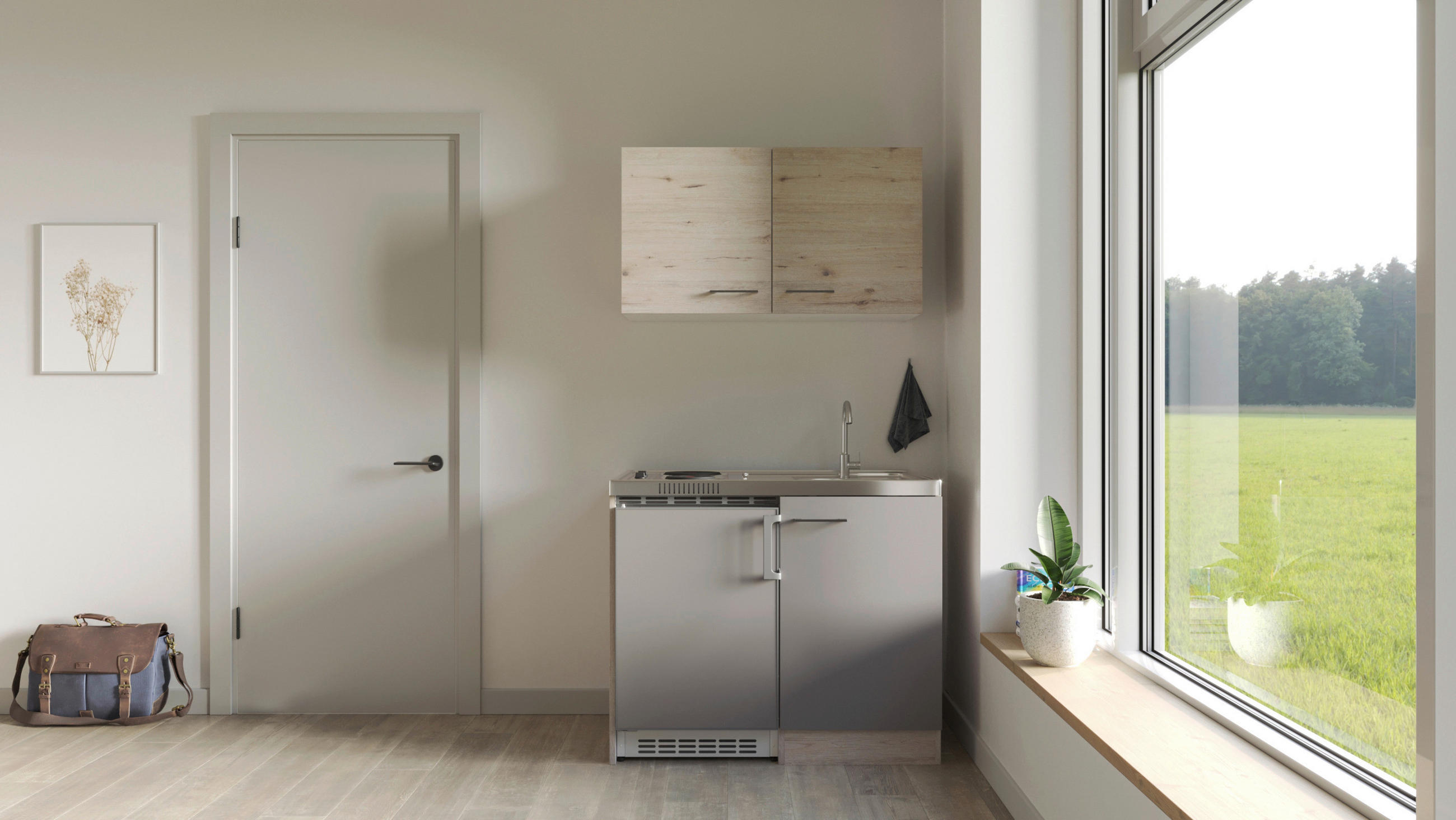 MINIKUCHYŇA RIVA 100 - šampanská/dub San Remo, Modern, kov/kompozitné drevo (100cm) - FlexWell