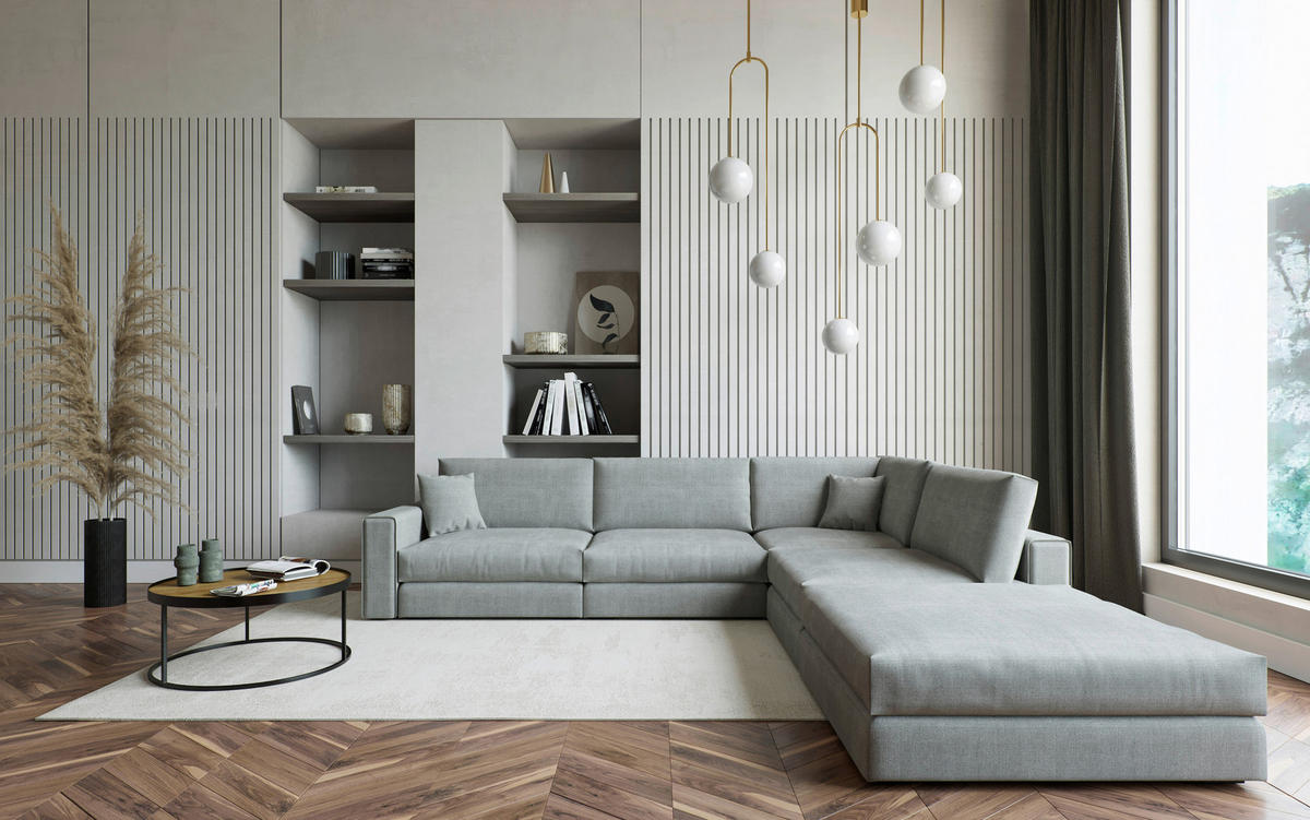 ECKSOFA  ANDRETTA Silberfarben Flachgewebe  - Edelstahlfarben/Silberfarben, Design, Textil/Metall (332/329cm) - Livetastic
