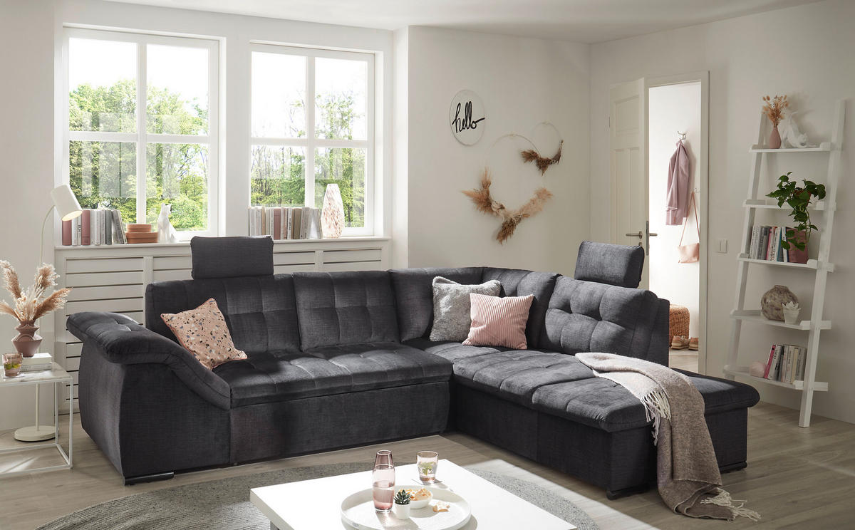 ECKSOFA in Mikrovelours Schwarz  - Schwarz, Konventionell, Kunststoff/Textil (283/217cm) - MID.YOU