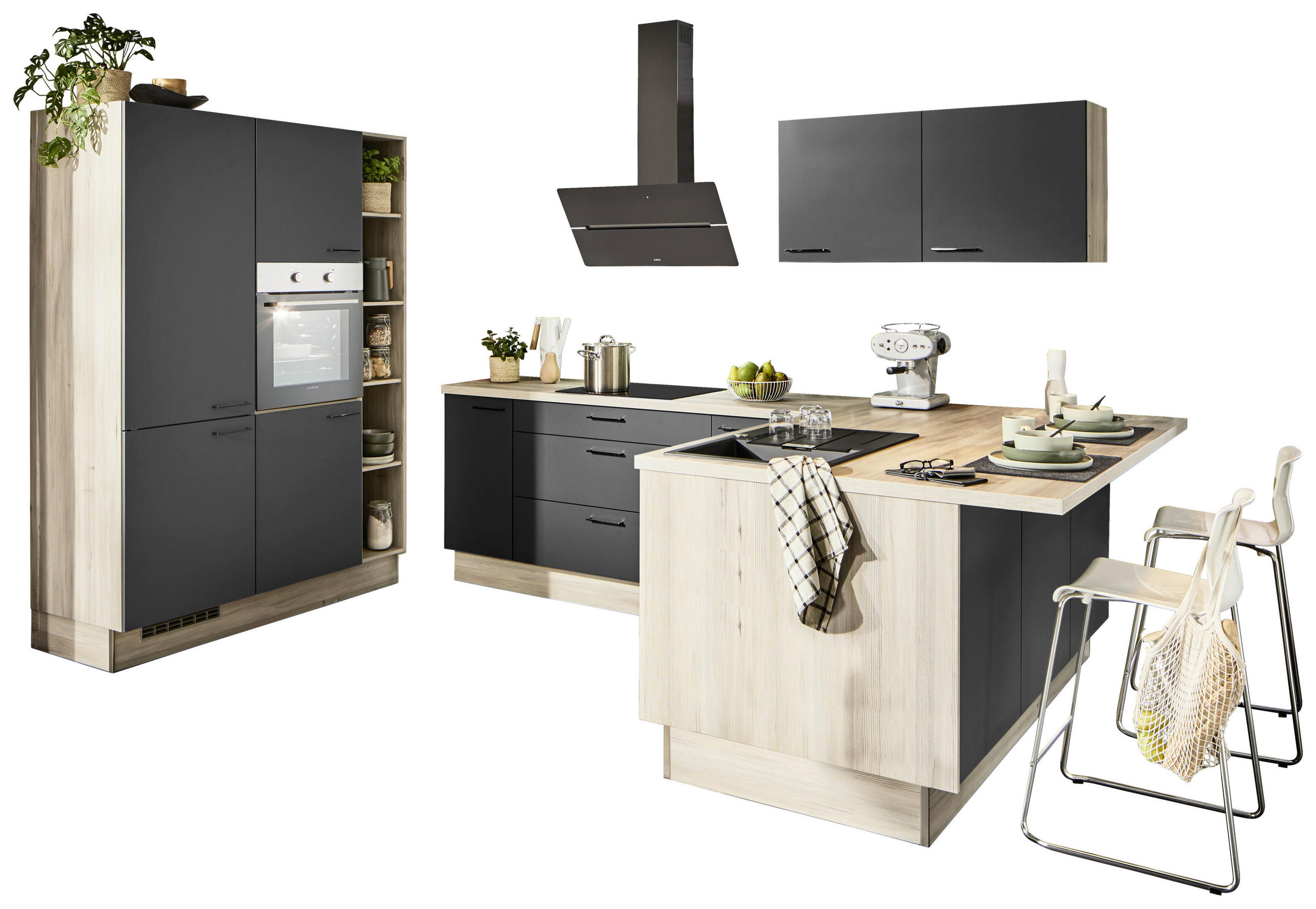 ECKKÜCHE XO 21  in Graphitfarben, Tannenholzfarben  - Tannenholzfarben/Schwarz, Design, Holzwerkstoff/Metall (150/280/121,6cm) - Xora