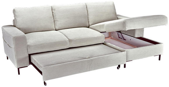 ECKSOFA Naturfarben Cord Rückenkissen, Bettkasten, Schlaffunktion, Rücken echt, Liegefläche im Originalstoff  - Schwarz/Naturfarben, KONVENTIONELL, Textil/Metall (240/150cm) - Carryhome