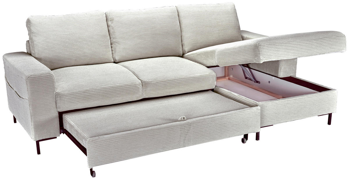 ECKSOFA Naturfarben Cord Rückenkissen, Bettkasten, Schlaffunktion, Rücken echt, Liegefläche im Originalstoff  - Schwarz/Naturfarben, KONVENTIONELL, Textil/Metall (240/150cm) - Carryhome