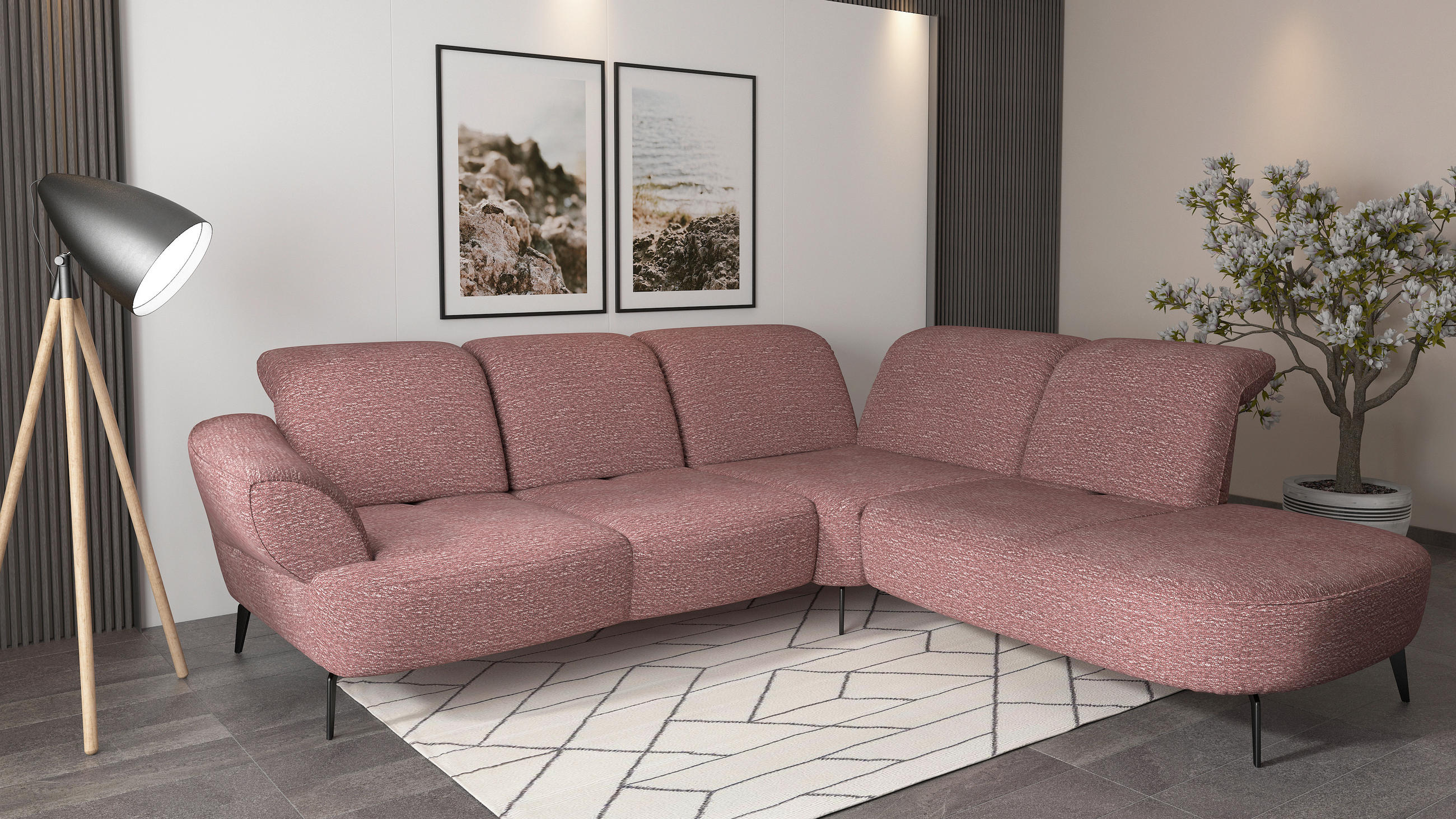 ECKSOFA in Chenille Aubergine - Aubergine/Schwarz, Modern, Textil/Metall (302/270cm) - Sit & More