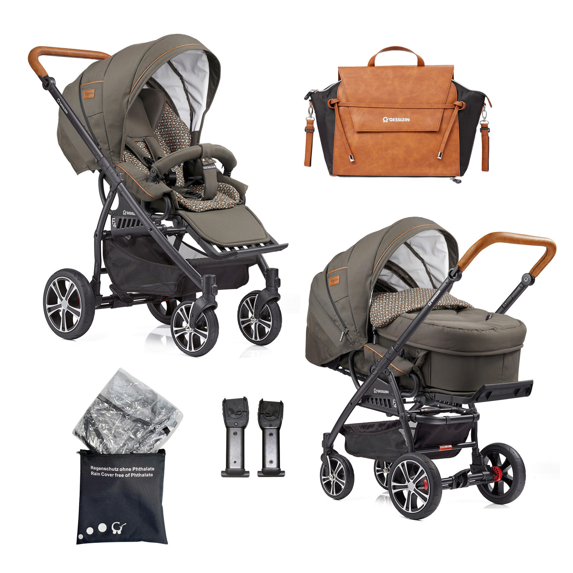 KINDERWAGENSET F4 Air+  - Cognac/Schwarz, Basics, Textil/Metall (57/129/100cm) - Gesslein