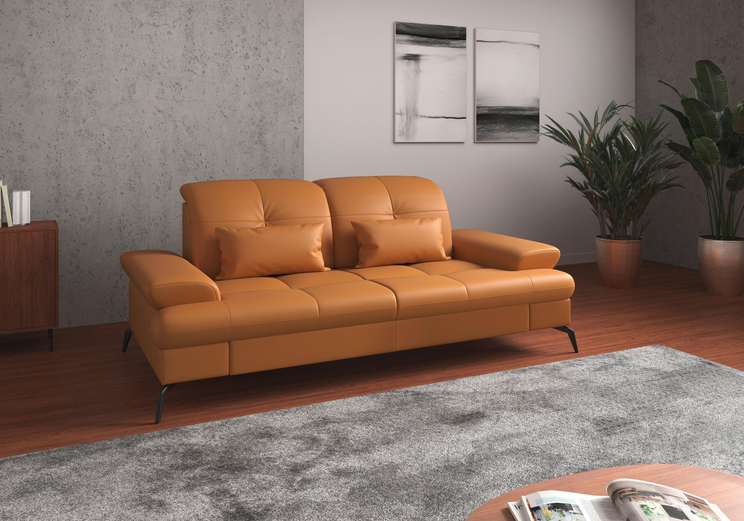 2,5-SITZER in Echtleder Currygelb - Currygelb/Schwarz, Konventionell, Leder/Metall (202/90/122cm) - Sit & More