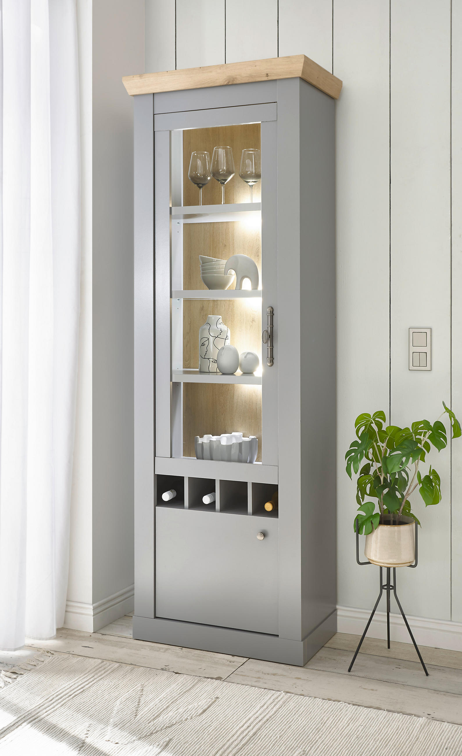 VITRINE in Eichefarben, Hellgrau  - Eichefarben/Silberfarben, Design, Holzwerkstoff/Metall (71/201/37cm) - MID.YOU