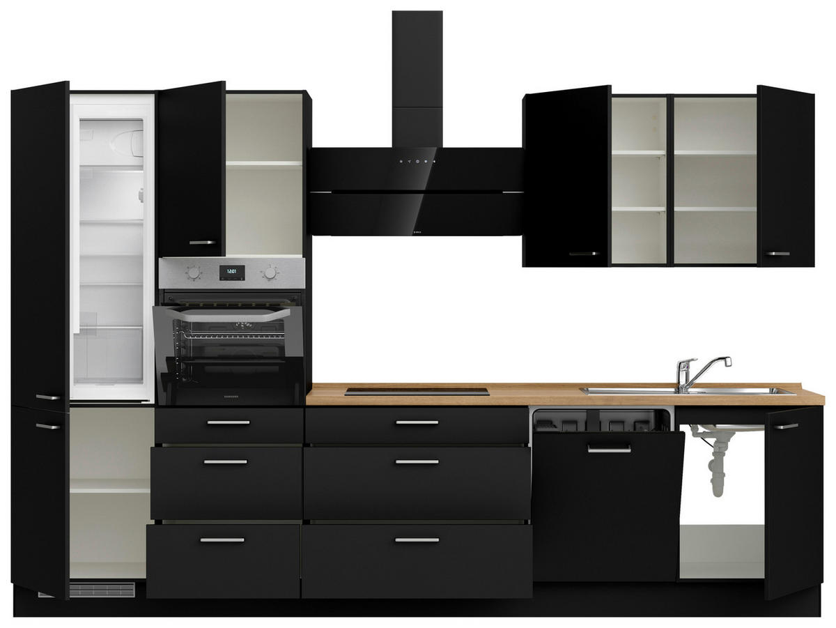 KÜCHENBLOCK 330 cm   in Schwarz, Eichefarben  - Edelstahlfarben/Eichefarben, MODERN, Holzwerkstoff/Metall (330cm) - Nobilia