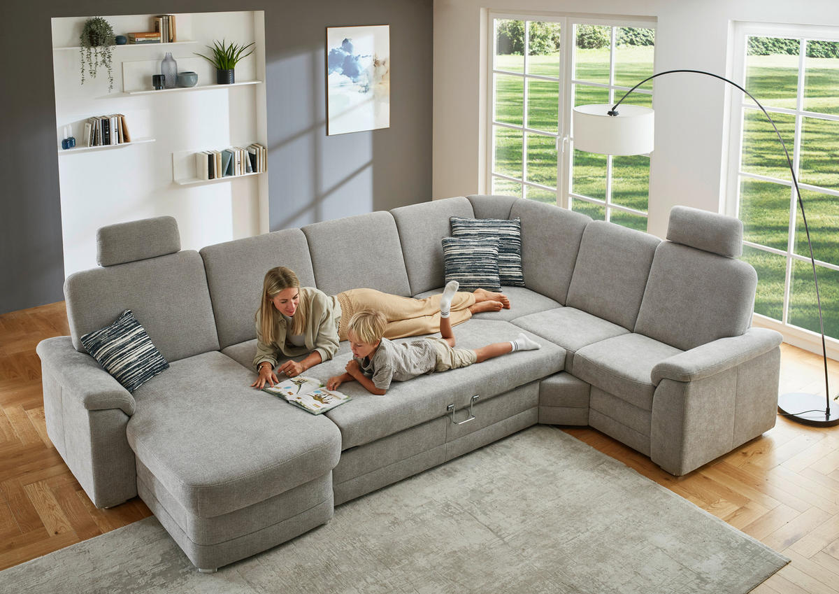 WOHNLANDSCHAFT  in Chenille Hellgrau  - Hellgrau/Alufarben, KONVENTIONELL, Holz/Textil (160/329/235cm) - Beldomo Comfort