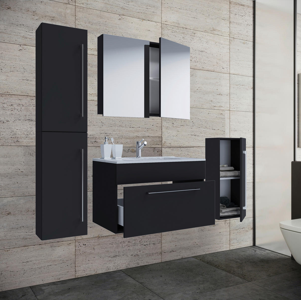 BADEZIMMER 5-teilig  in 126 cm  - Weiss/Alufarben, Modern, Keramik/Holzwerkstoff (126cm) - MID.YOU