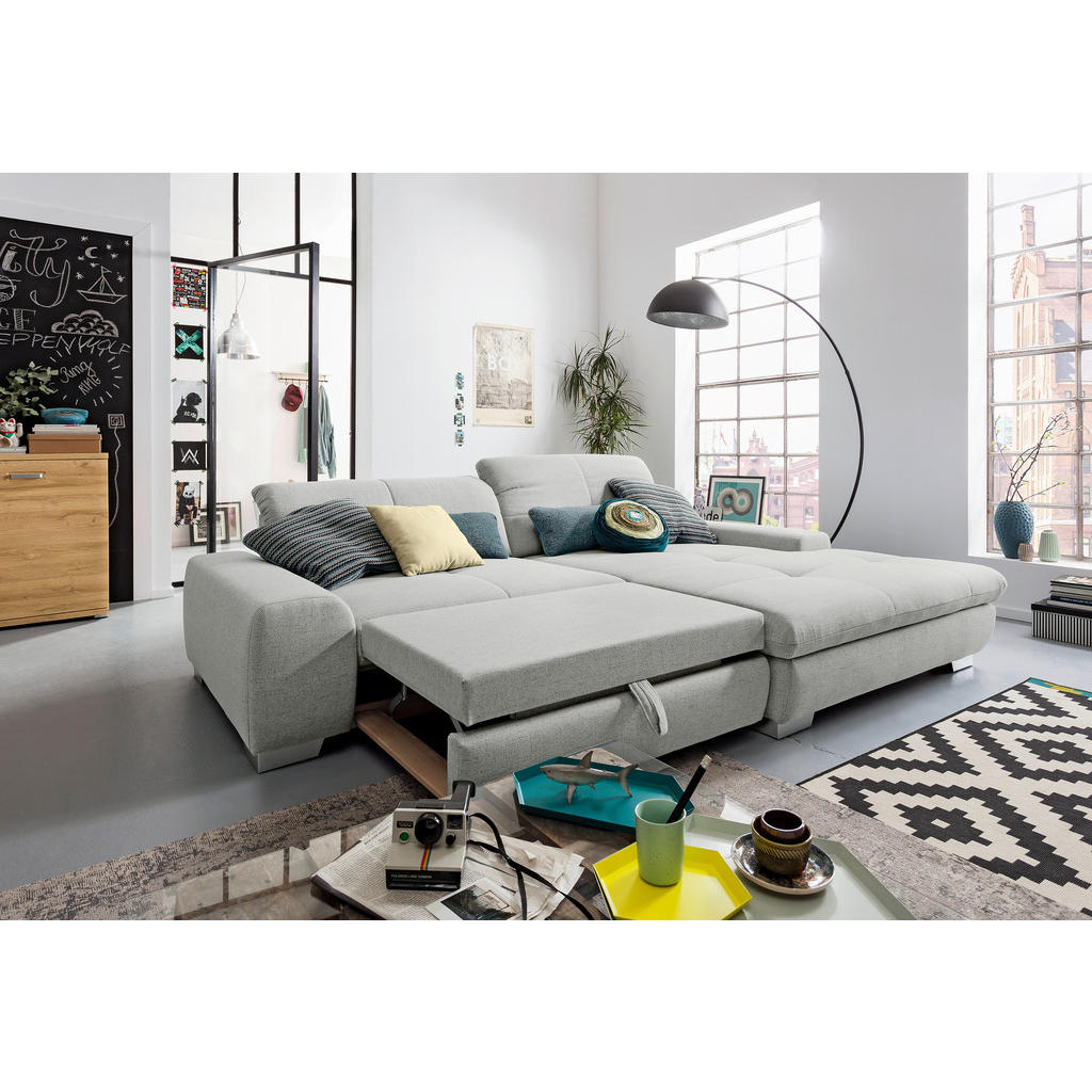 Thumbnail - SetOne by Musterring Ecksofa, Hellgrau, Textil, 2-Sitzer, Ottomane rechts, L-Form, 276x198 cm, Bettkasten erhältlich, Fu...