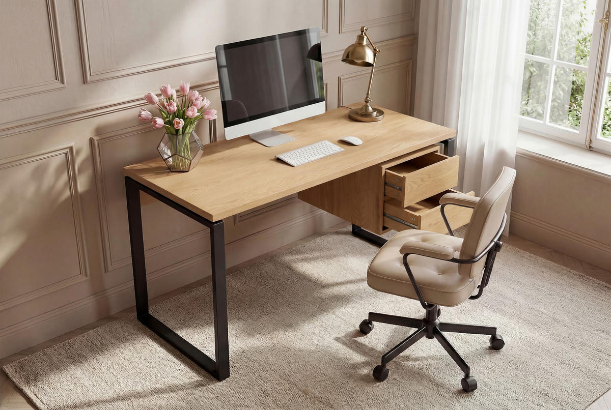 PISALNA MIZA kovina, leseni material črna, barve hrasta  - črna/barve hrasta, Moderno, kovina/leseni material (140/60/75cm) - Livetastic