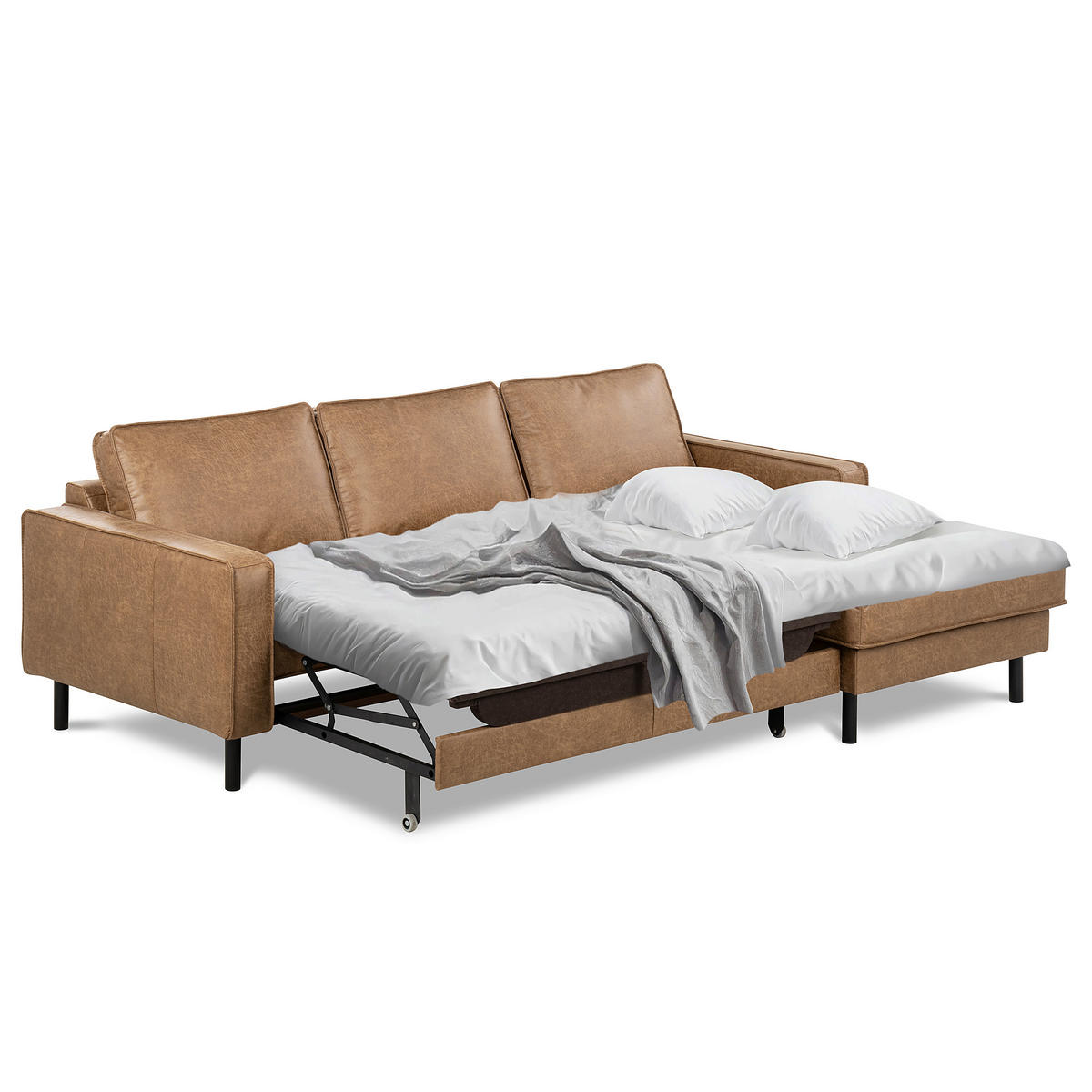 ECKSOFA Beige Echtleder Lederlook Bettkasten, Schlaffunktion, Rücken echt  - Beige/Schwarz, Design, Leder/Textil (166/238cm) - Livetastic