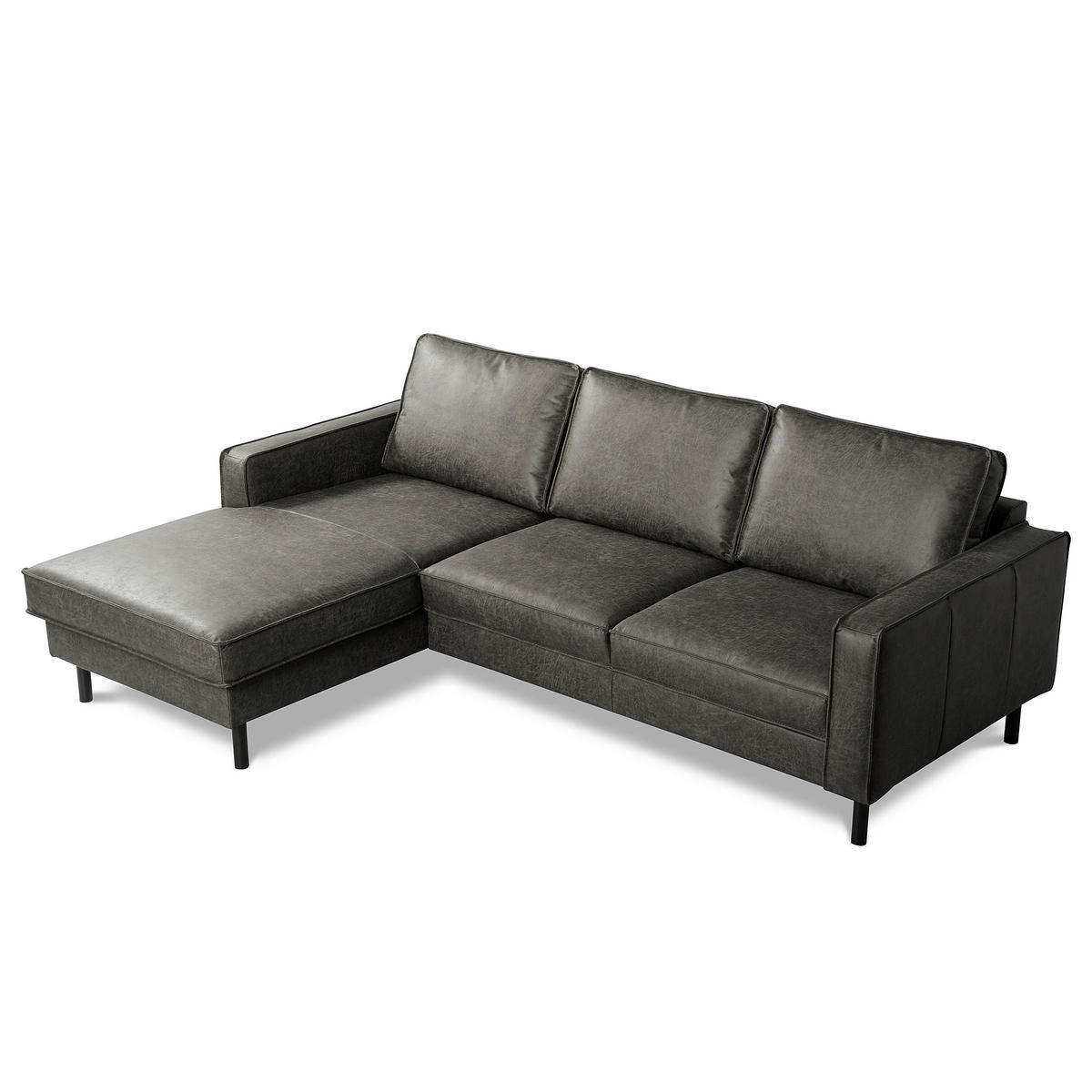 ECKSOFA Dunkelgrau Echtleder Lederlook Bettkasten, Schlaffunktion, Rücken echt  - Dunkelgrau/Schwarz, Design, Leder/Textil (166/238cm) - Livetastic