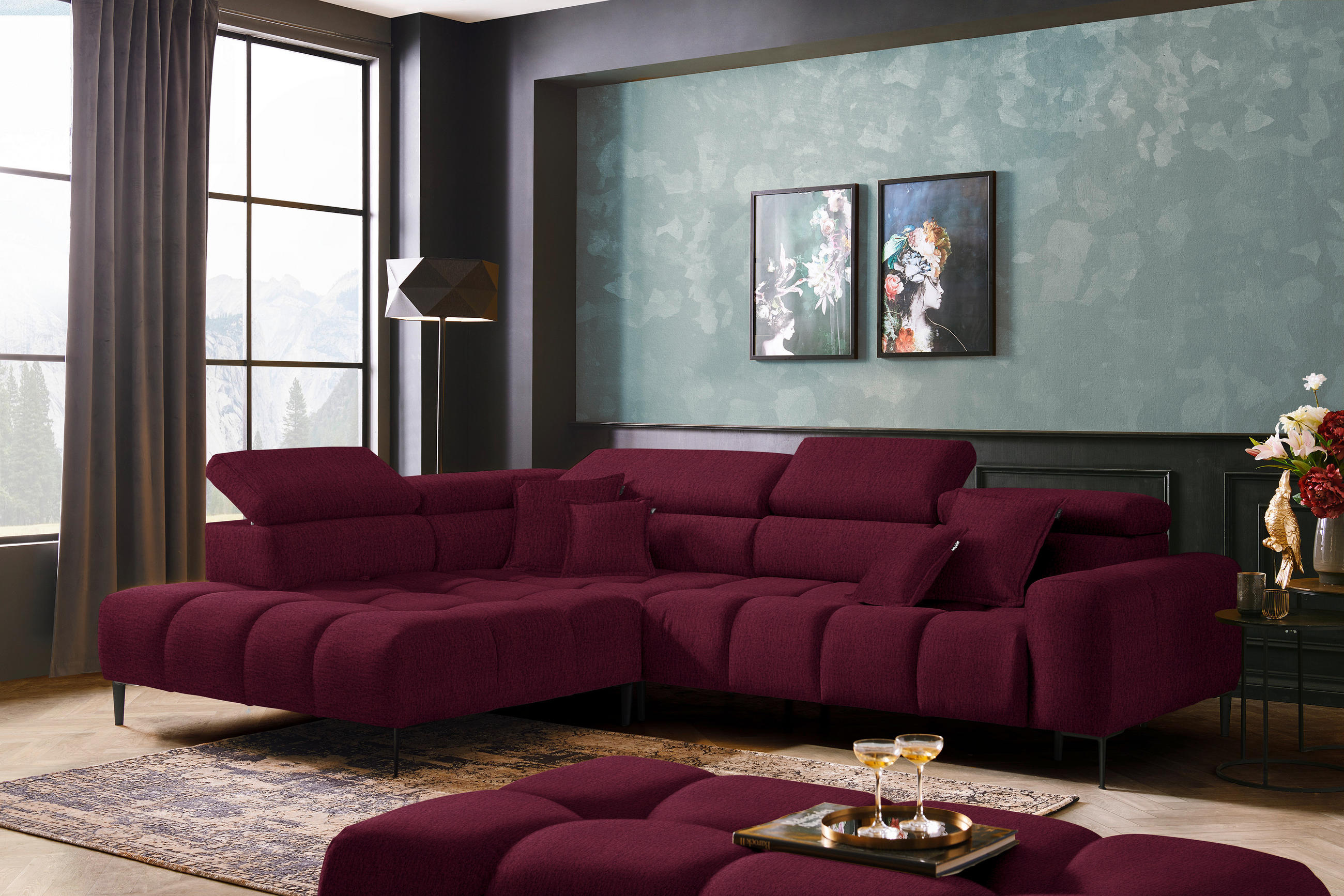 ECKSOFA in Samt, Webstoff Bordeaux  - Bordeaux/Schwarz, Design, Textil/Metall (216/300cm) - Welnova