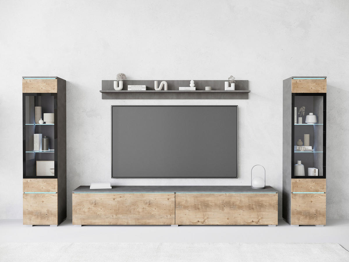 WOHNWAND Vera 4-teilig  in Anthrazit, Kastanieneichefarben  240/130/33 cm  - Kastanieneichefarben/Anthrazit, Trend, Glas/Holzwerkstoff (240/130/33cm)