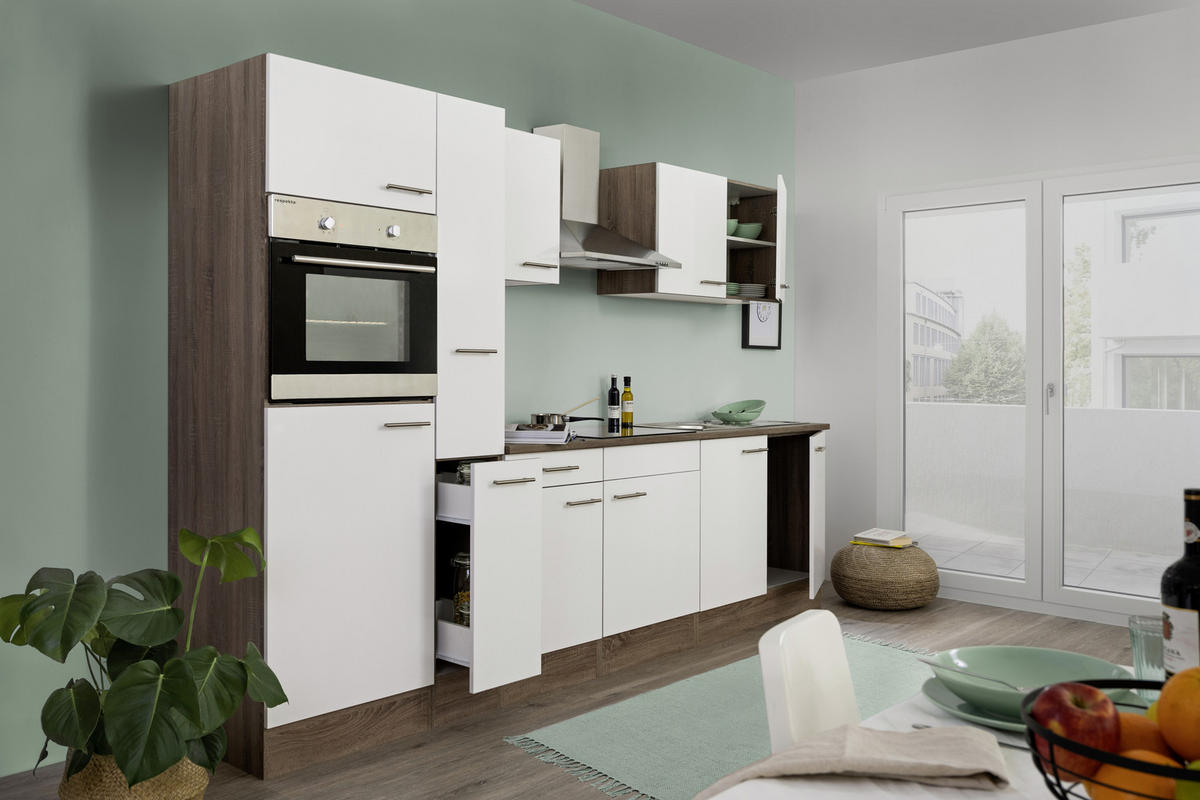 KÜCHENBLOCK 300 cm   in Weiss, Eichefarben  - Weiss/Edelstahlfarben, Design, Holzwerkstoff/Metall (300cm) - Respekta