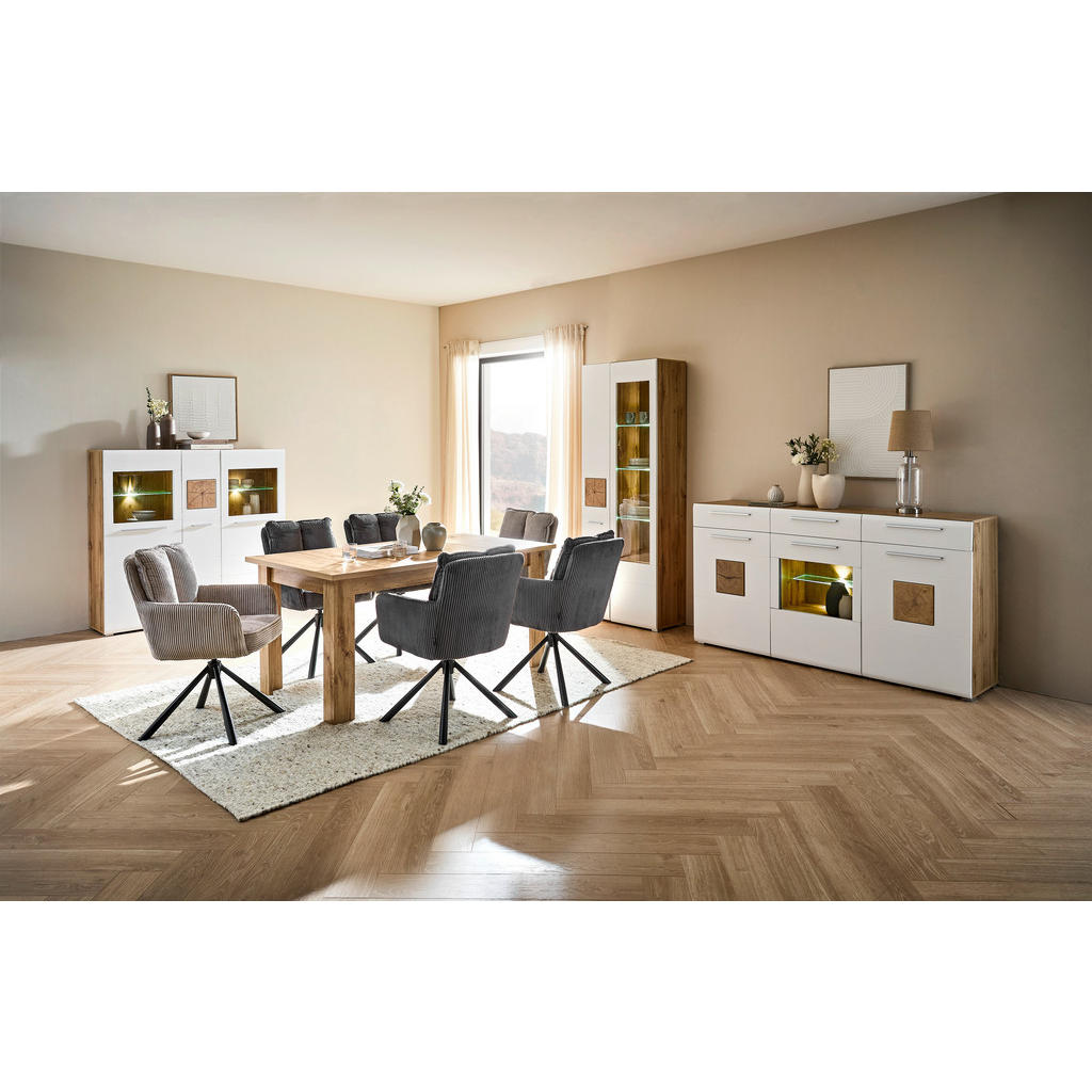Thumbnail - Hom`in Sideboard, Weiß, Eiche, Holz, Glas, 6 Fächer, 3 Schubladen, 180x98x43 cm, Typenauswahl, Beimöbel erhältlich, Wohn...
