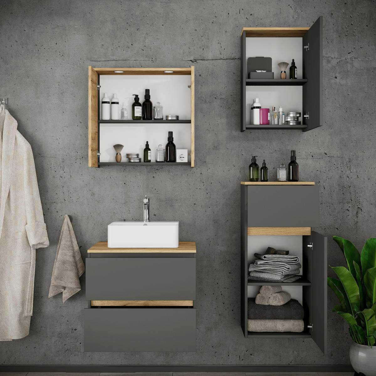 BADEZIMMER 5-teilig 100 cm  - Honigeiche/Weiss, Trend, Keramik/Holzwerkstoff (100cm) - MID.YOU