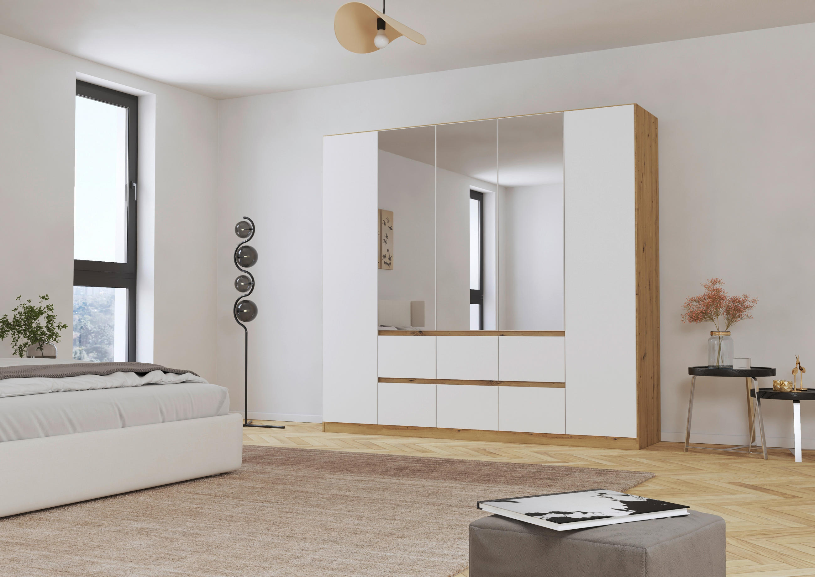 DREHTÜRENSCHRANK in Weiss, Eiche Artisan, Silberfarben  - Weiss/Silberfarben, Basics, Holzwerkstoff (226/210/54cm) - Rauch Möbel